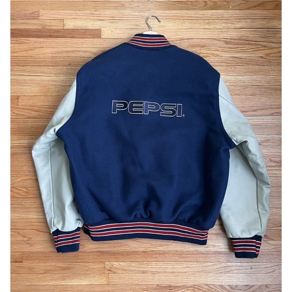 VINTAGE 1990s PEPSI LOGO BLUE RED BOMBER VARSITY LEATHER STARTER JACKET SIZE XL - Picture 3 of 7